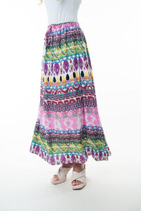 Printed Elastic Waist Band Long Skirt with Tassels in Pink Combo