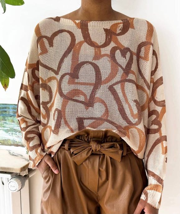 LOOWIE - 191 One Size Beige Heart Printed Knitted Sweater LOOWIE