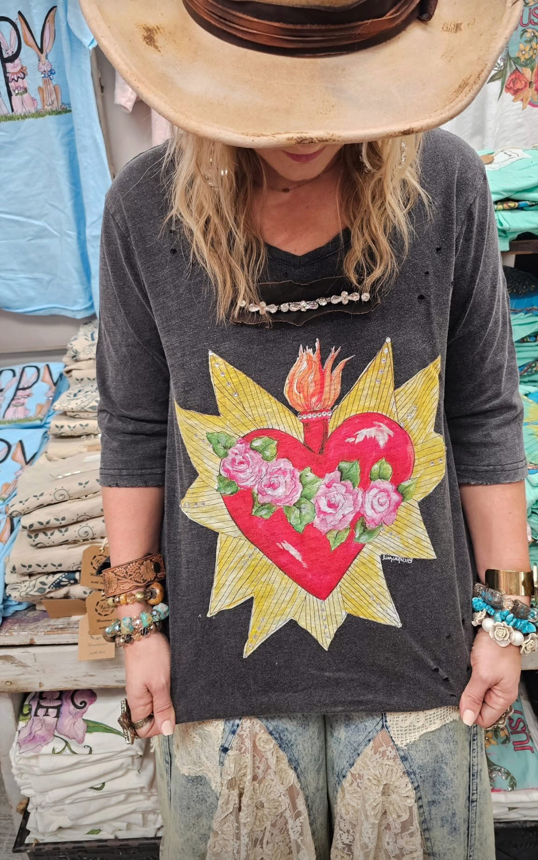 Blazing Heart Tattered Tee - A Rare Bird