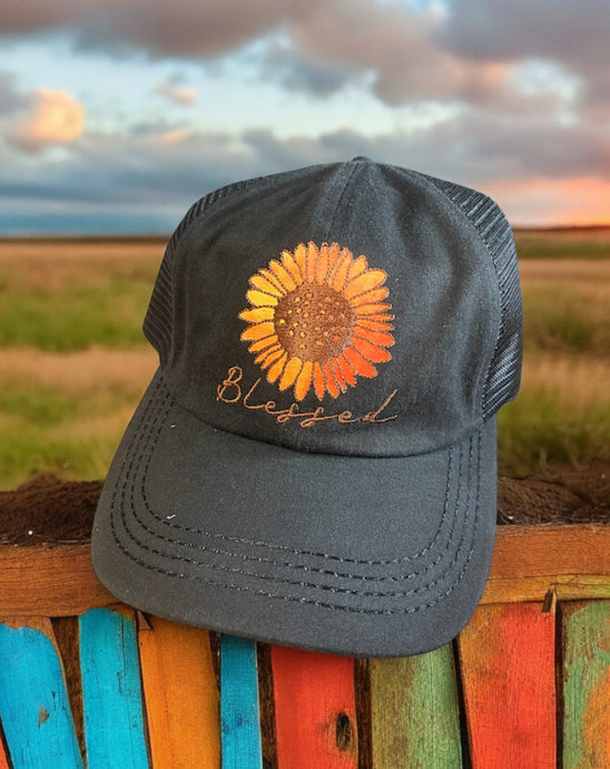 Blessed Sunflower Cap - Black - Embroidery