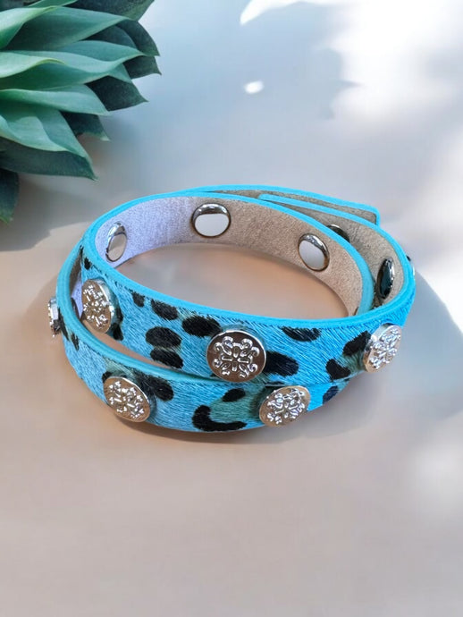 Meagen Calf skin Leopard Double Wrap - Turquoise - Rustic Cuff