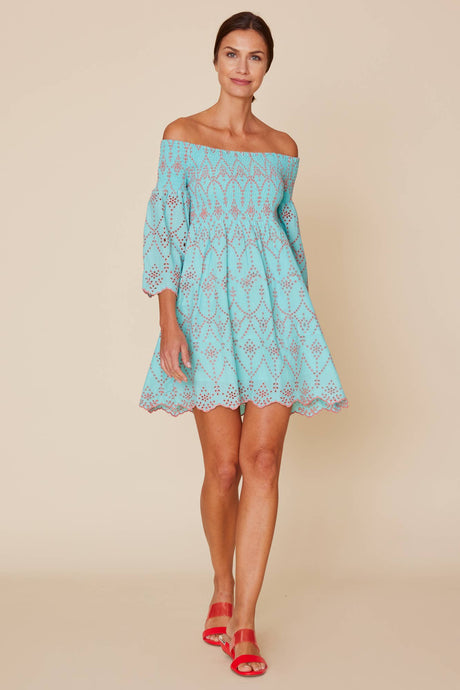 Aria Smocked Off the Shoulder Eyelet Mini Dress - ModaPosa